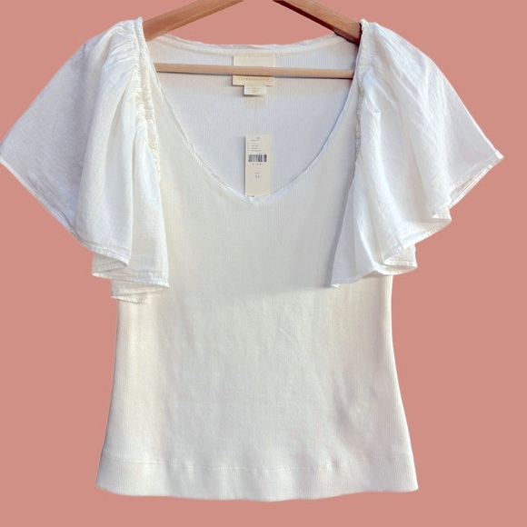 NWT 🆕 Anthro/Maeve White Flutter Sleeve Tee - XS - Picture 2 of 8